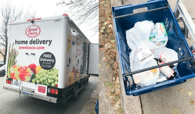 A Jewel-Osco home delivery truck and a basket of groceries. 