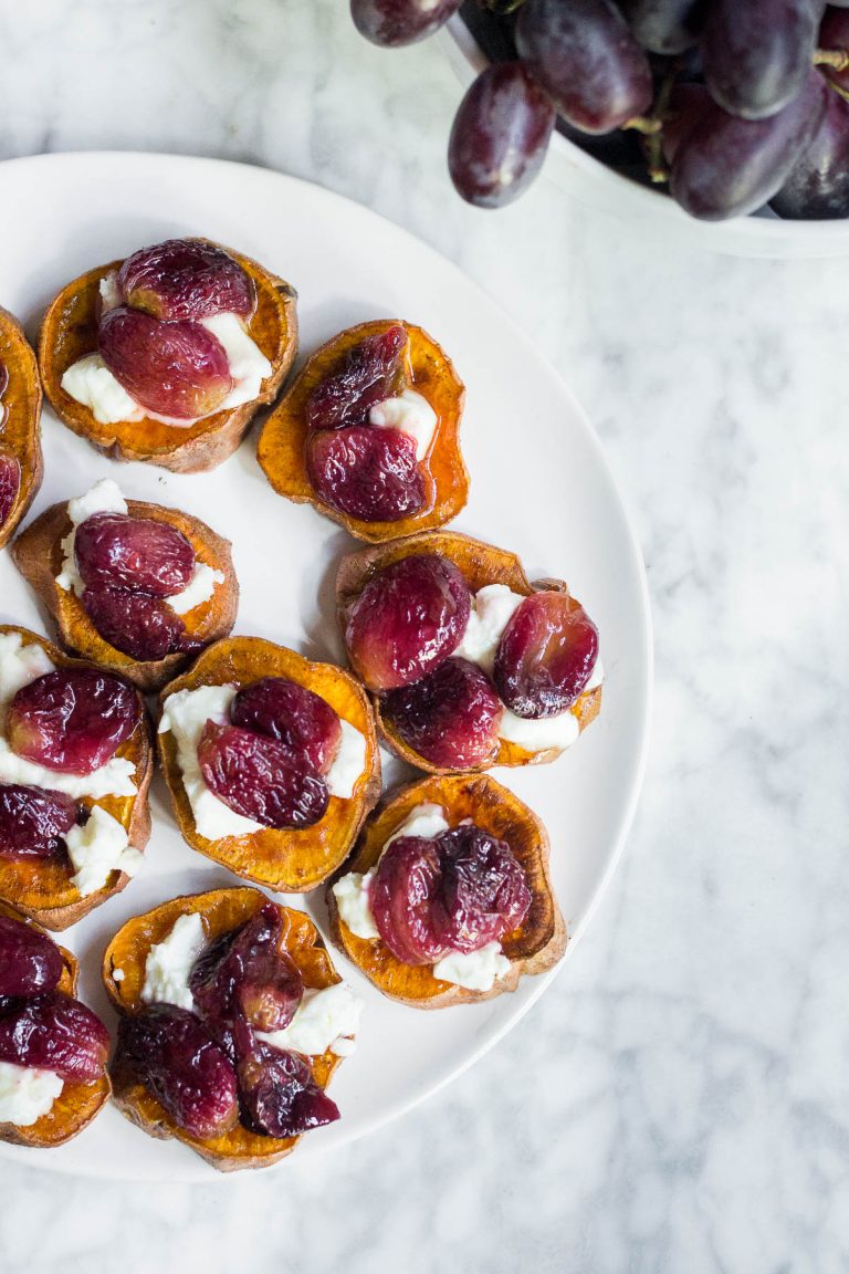 Sweet Potato Rounds with Roasted Grapes and Goat Cheese