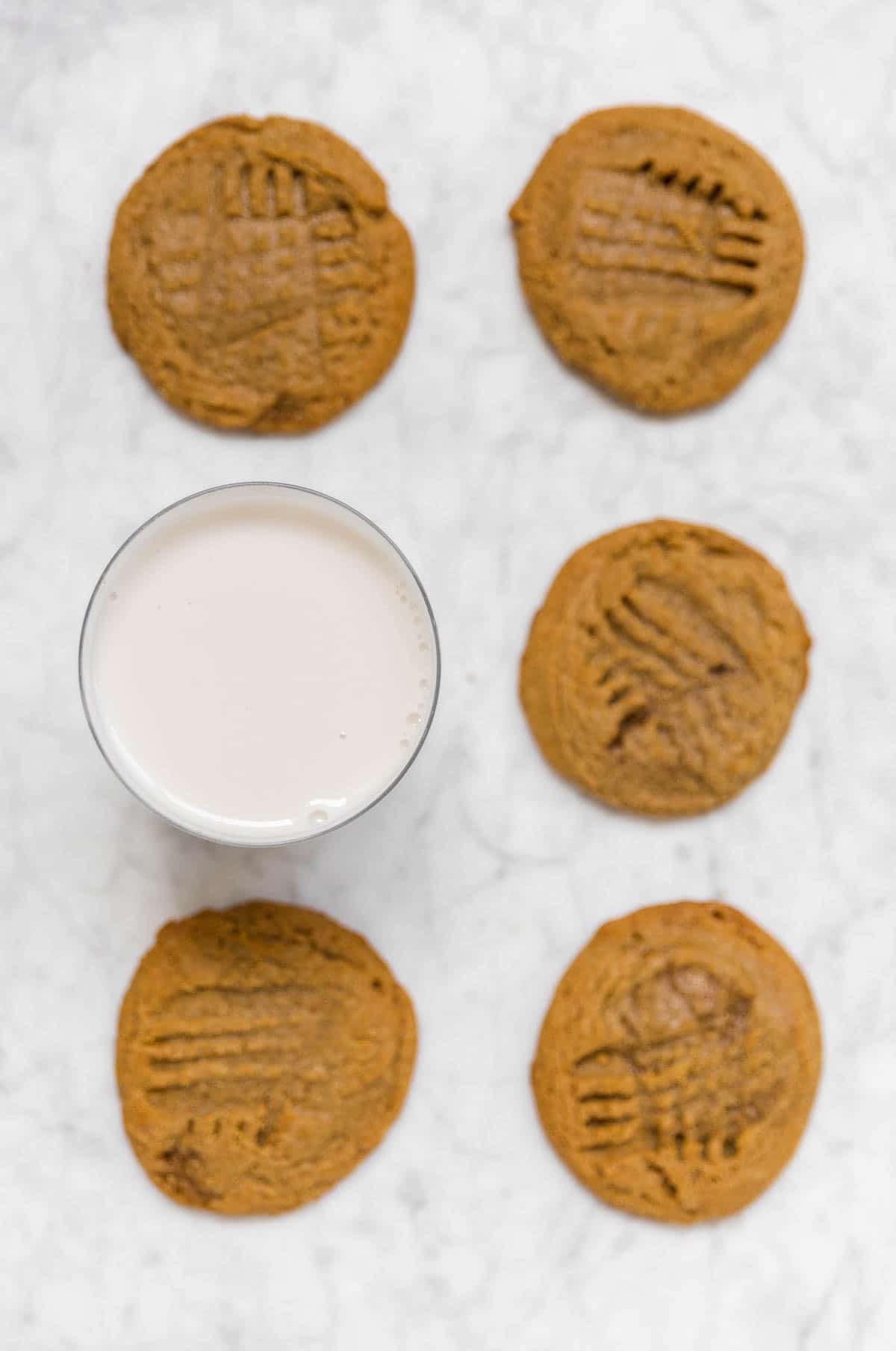 An aerial view of two rows of gluten-free flourless peanut butter cookies with a glass of milk. 