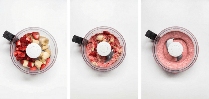 Three photos showing how to make strawberry banana nice cream in a food processor and showing each stage.
