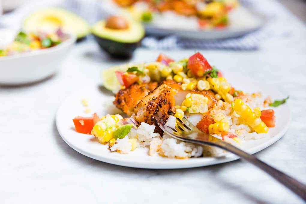 Blackened Cod with Avocado Corn Salsa