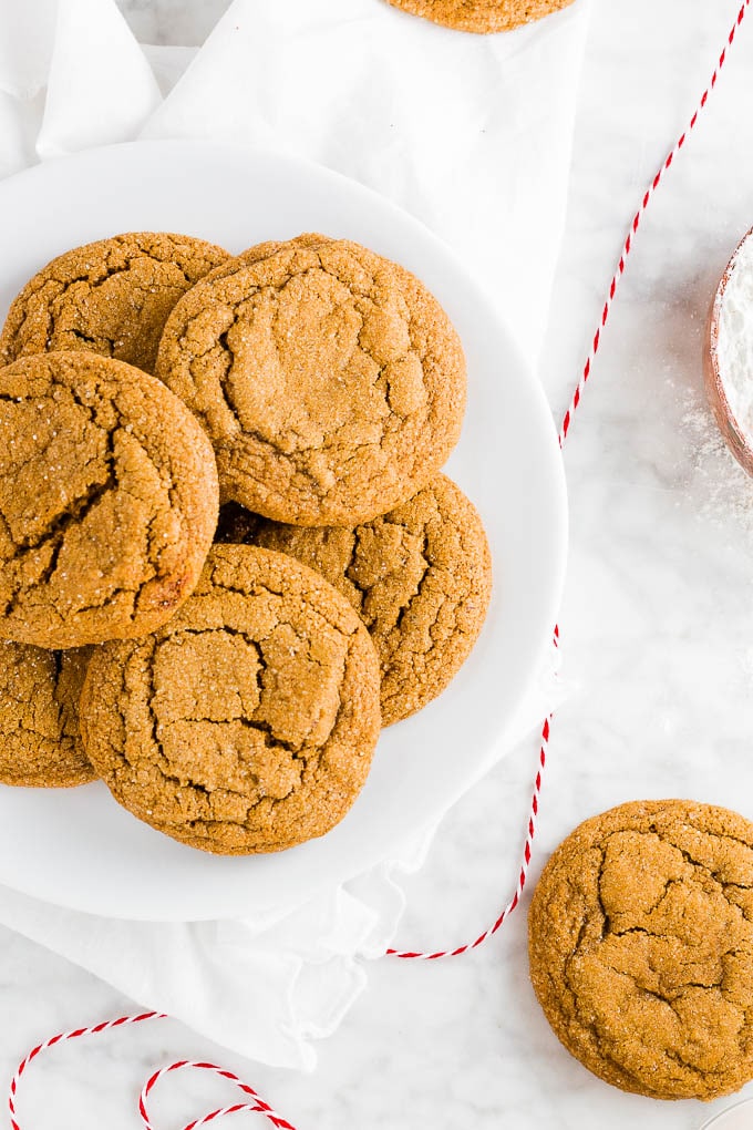 A plate of gluten-free vegan chewy ginger molasses cookies.