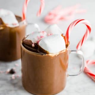 Mug of peppermint hot cocoa with marshamllows and peppermint candy canes with chocolate chips.