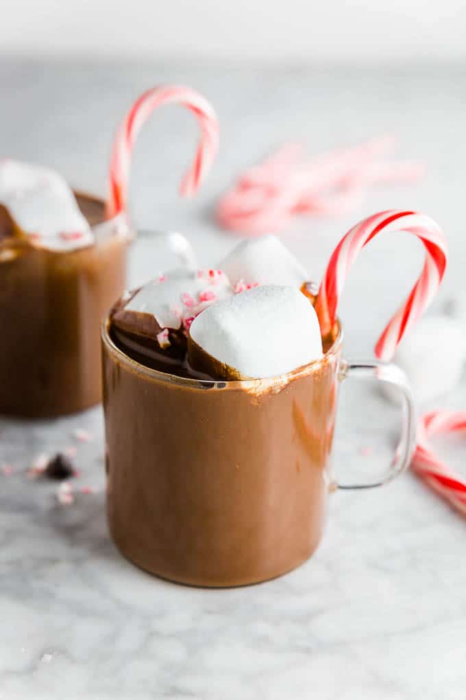 Mug of peppermint hot cocoa with marshamllows and peppermint candy canes with chocolate chips. 