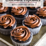 Photo of a sheet pan filled with a dozen gluten-free chocolate cupcakes with chocolate buttercream frosting.