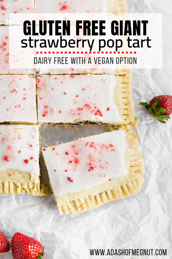 If you're a pop tart lover then you have to try this gluten free and dairy free giant strawberry pop tart! It's as delicious as it looks with a flaky gluten free pastry, a luscious strawberry filling and a sweet glaze on top. Kids and adults alike will love this breakfast pastry.Â #glutenfree #dairyfree 
