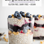 A glass filled with layered chia seed pudding with granola, jam and fresh blueberries.