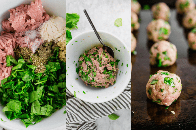Three photos showing the process of how to make baked turkey meatballs in the oven, from adding the ground turkey, fresh spinach, and spices to a bowl, mixing it all together, and forming it in small meatballs placed on a baking sheet ready to go into the oven.
