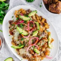 A photo of a platter of loaded tater tots topped with BBQ pulled pork, pickled onions, shredded cheddar cheese, pickled onions and cilantro.