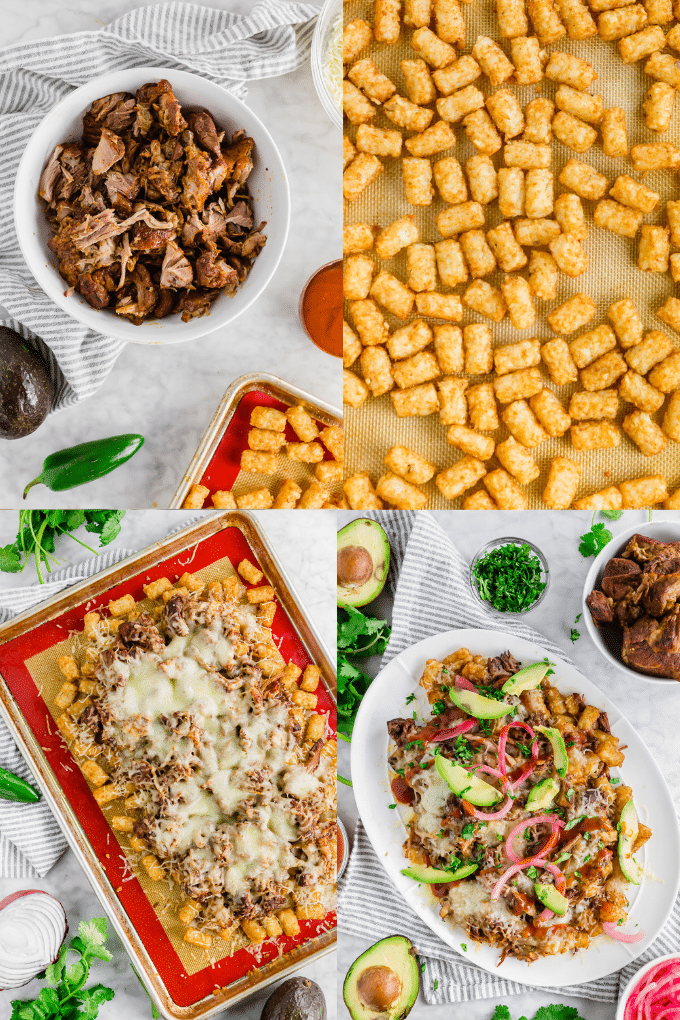 A photo showing four steps of making BBQ Pulled Pork Loaded Tater Tots from cooking the pork in the Instant Pot, baking tater tots in the oven, topping with pork and cheese and baking until melted, and then serving with avocado, cilantro and pickled onions. 