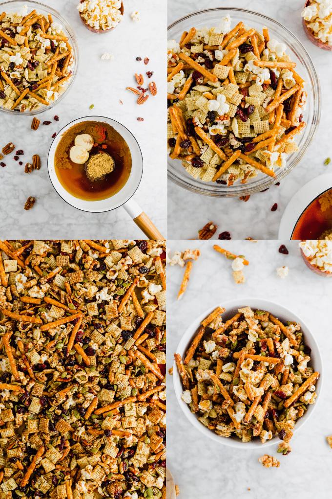 A photo of the process of showing how to make Gluten-Free Maple Cayenne Chex Party Mix