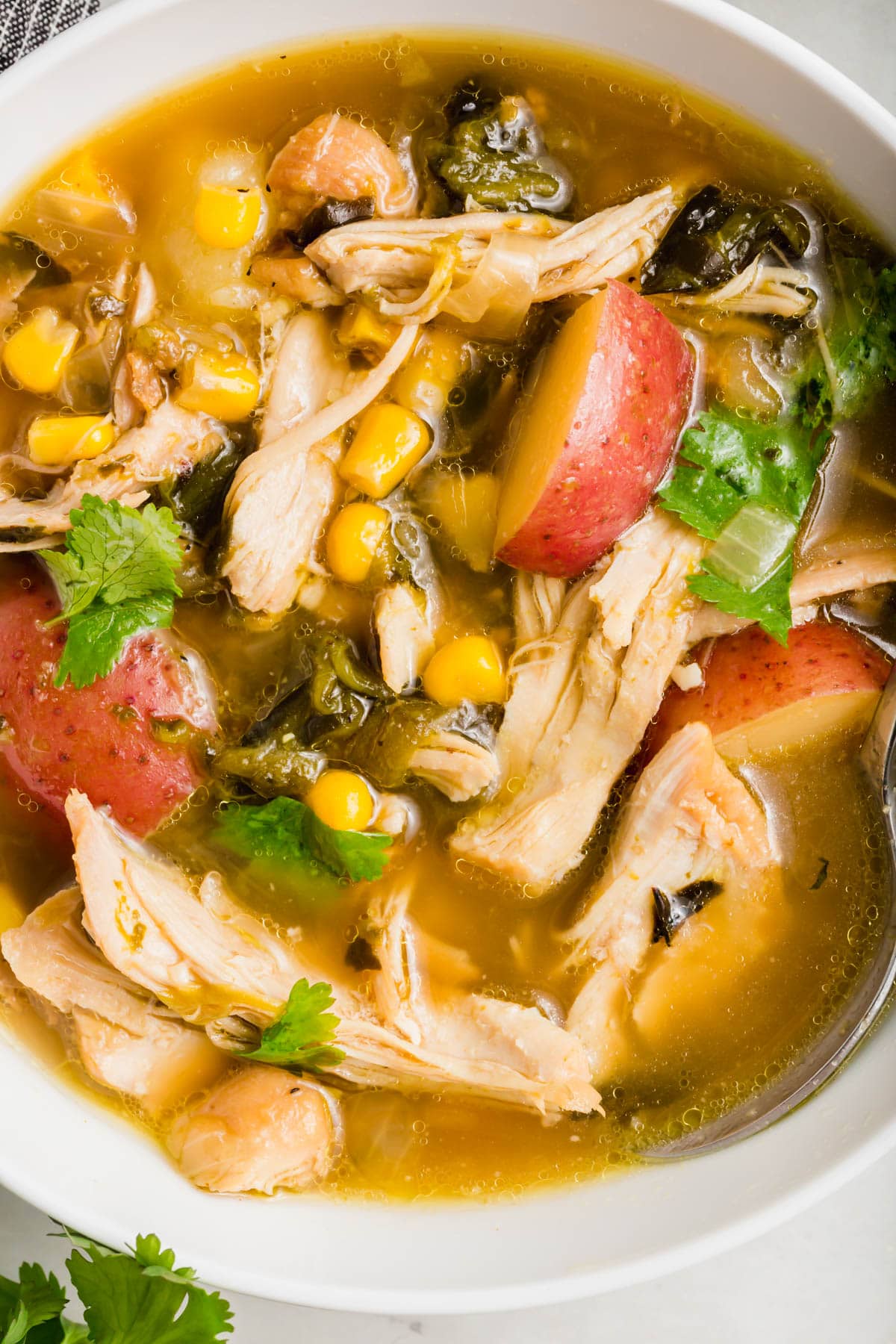 A bowl of poblano chicken soup with potatoes, corn, and cilantro.