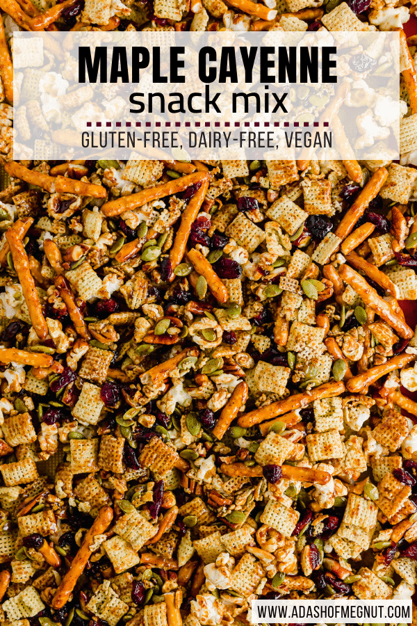 A photo of maple cayenne snack mix on a baking sheet. 