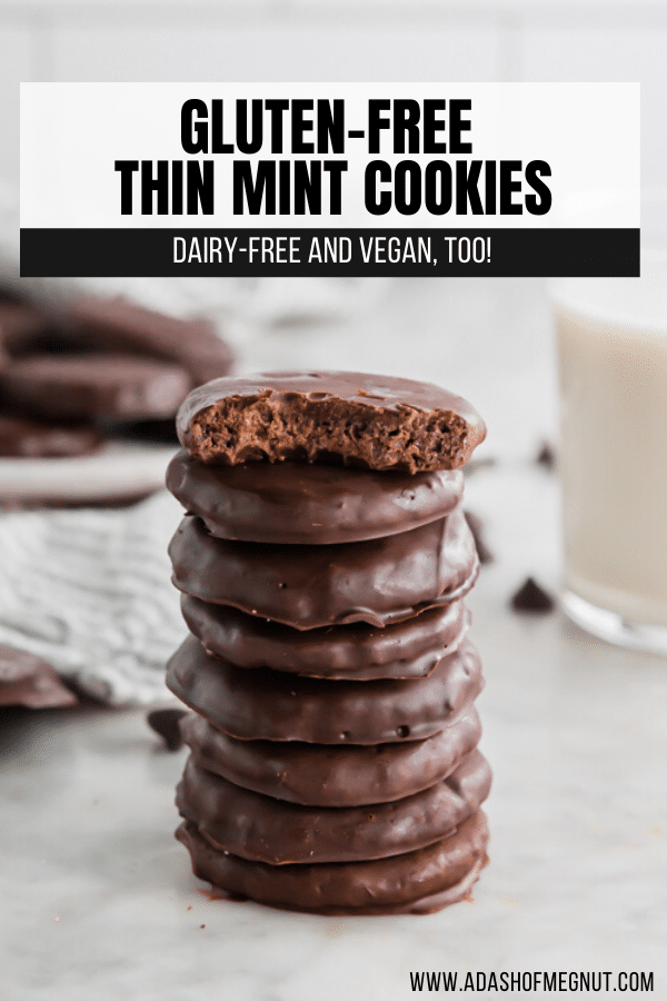 A photo of a stack of homemade thin mint cookies with the top cookie bitten in half. 