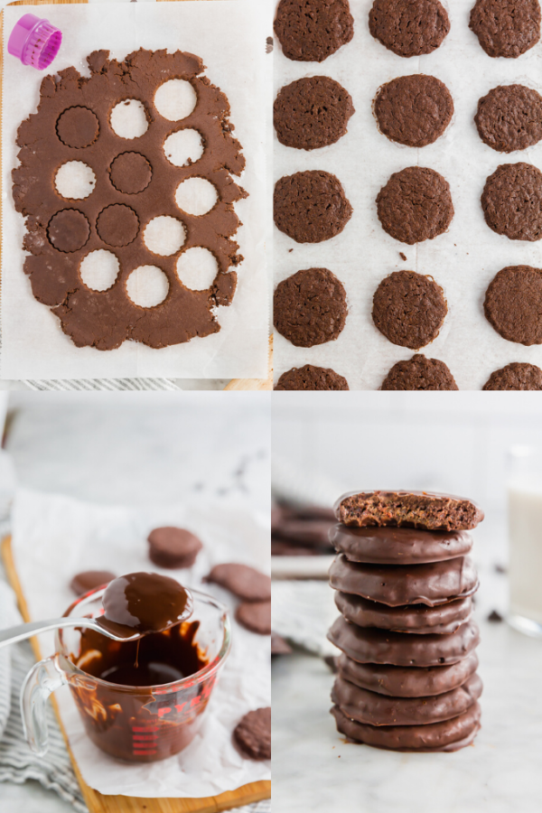 A collage showing the process of how to make gluten-free girl scout thin mint cookies from rolling out the dough, to cutting into circles, to baking and then dipping in chocolate coating. 