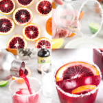 A photo collage showing the process of making a blood orange margarita on the rocks from slicing the oranges, to salting the rim of the glass, to pour the margarita into the glass from the cocktail shaker, to serving.