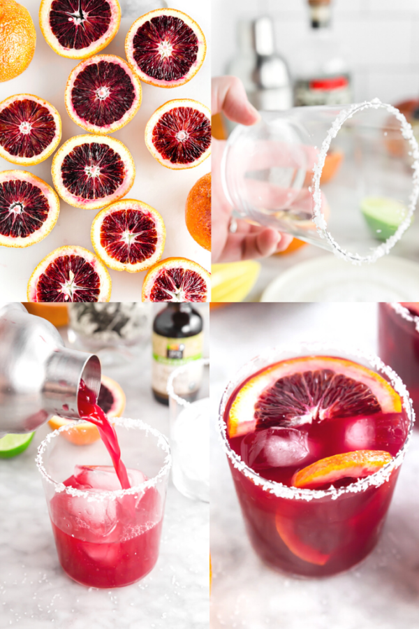 A photo collage showing the process of making a blood orange margarita on the rocks from slicing the oranges, to salting the rim of the glass, to pour the margarita into the glass from the cocktail shaker, to serving.