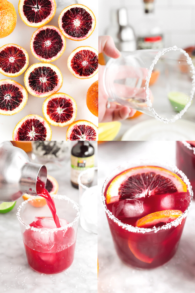 A photo collage showing the process of making a blood orange margarita on the rocks from slicing the oranges, to salting the rim of the glass, to pour the margarita into the glass from the cocktail shaker, to serving.