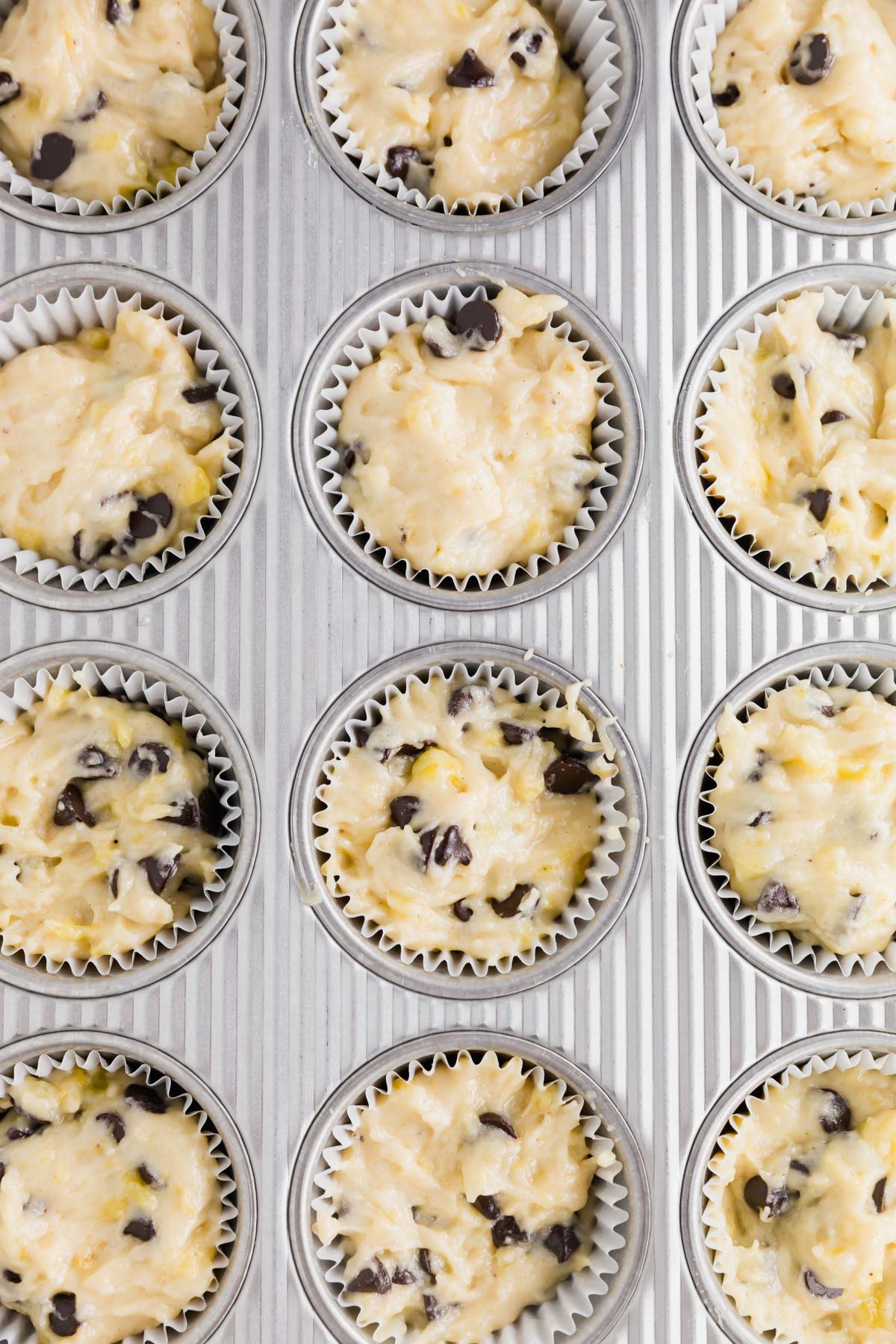 Gluten-free vegan banana chocolate chip muffin batter in a muffin tin.