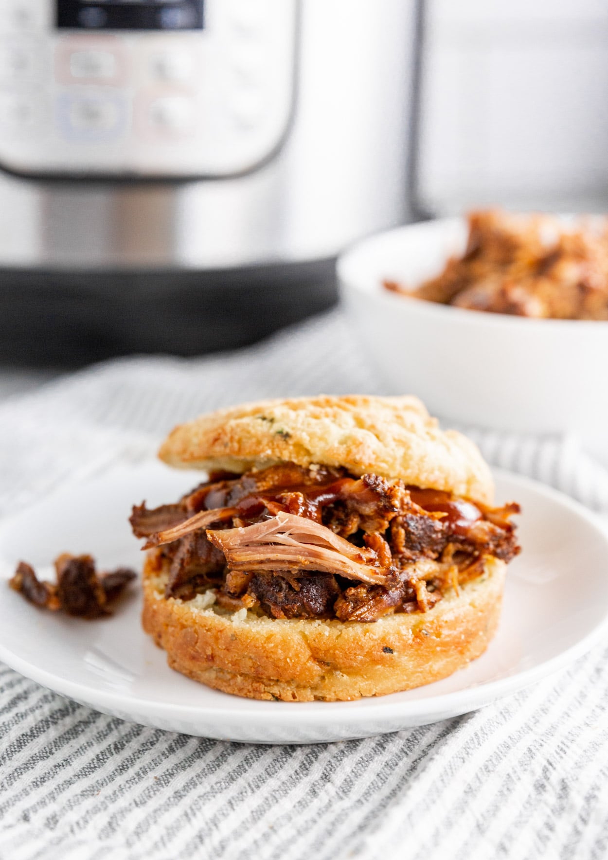 A photo of a BBQ Pulled pork sandwich with BBQ sauce and an Instant Pot in the background. 