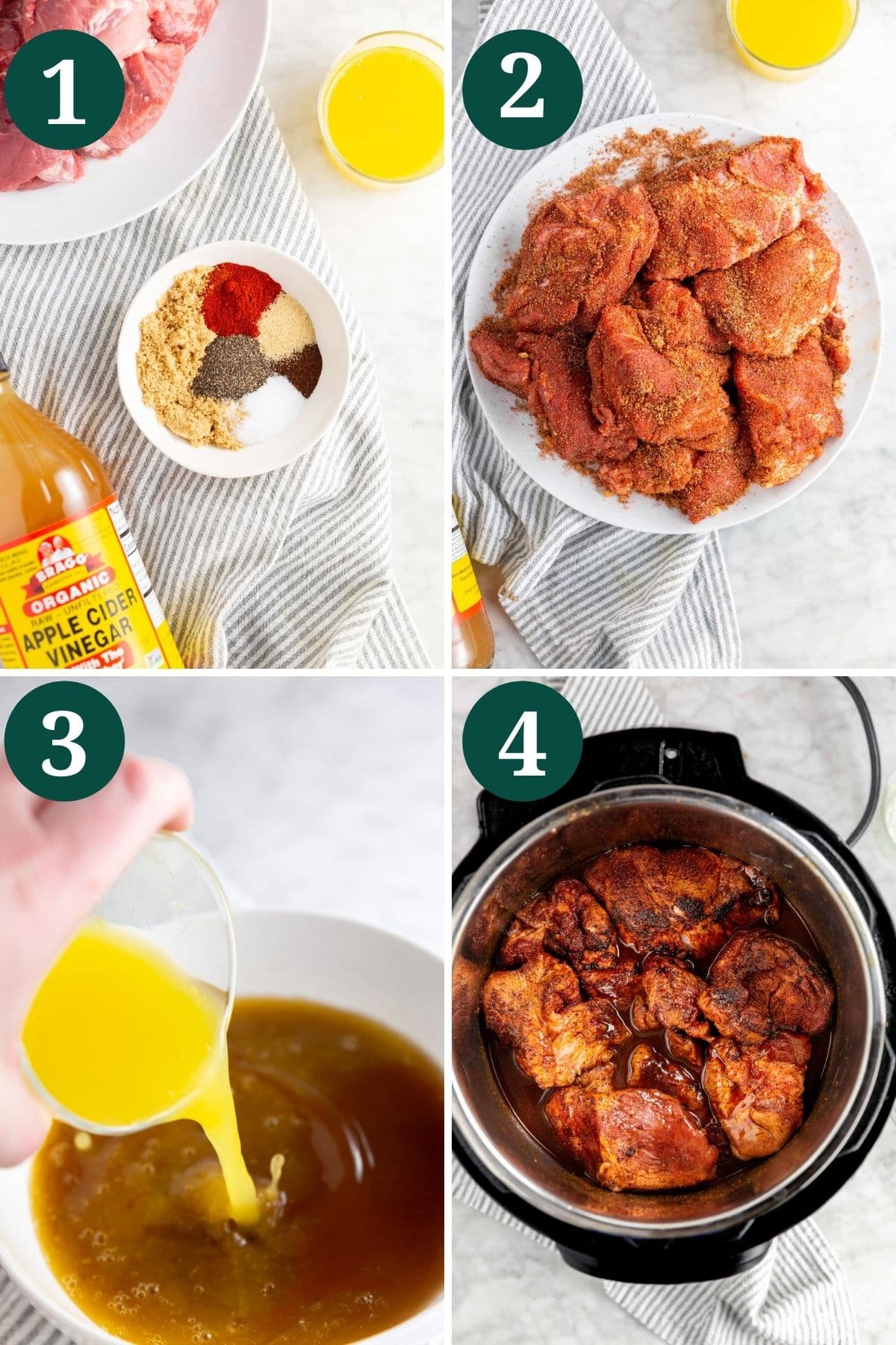 A collage showing the process of making instant pot bbq pulled pork.