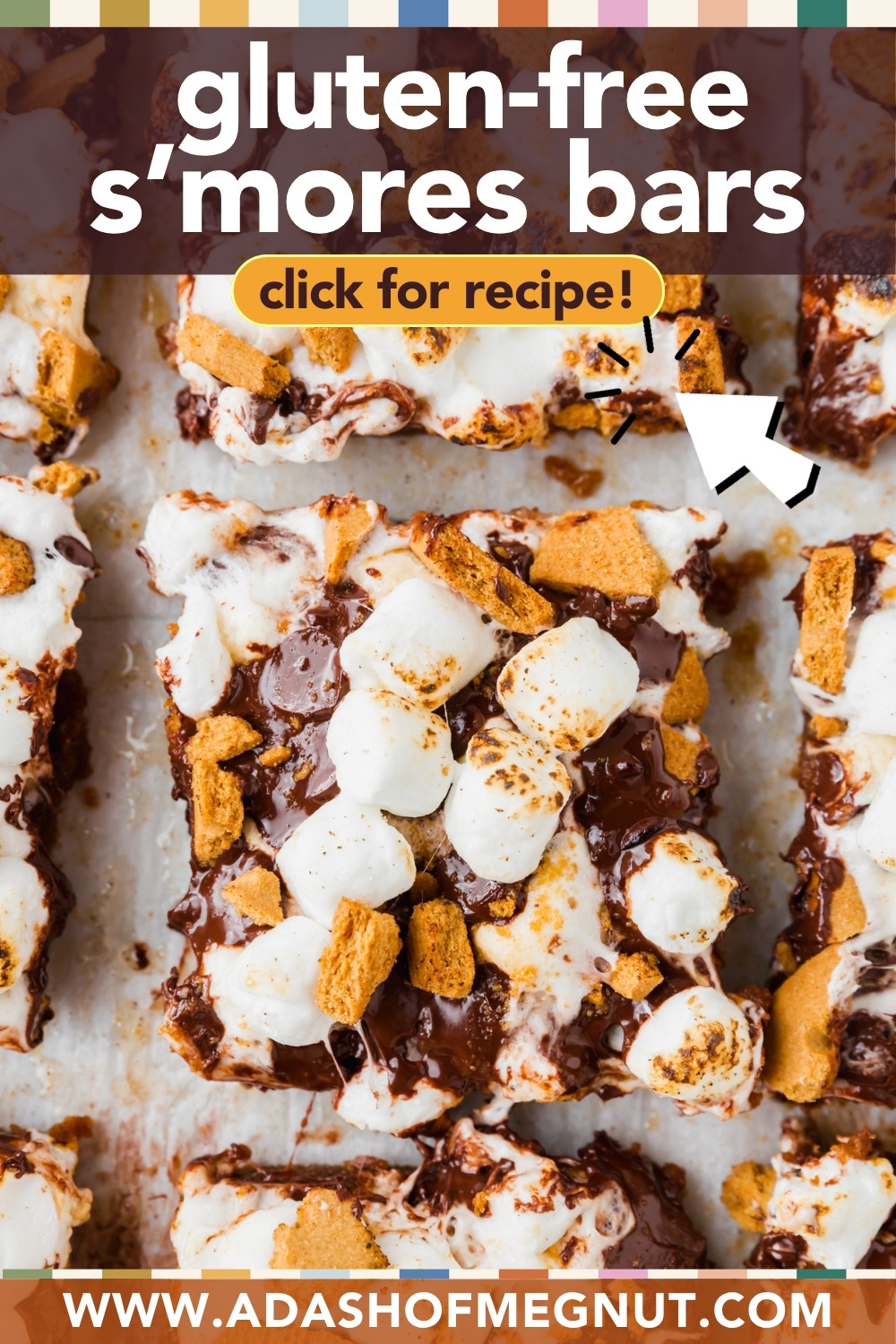 Overhead view of Gluten-Free S’mores Bars with melted chocolate, marshmallows, and graham cracker pieces on a baking sheet. Text overlay says, Gluten-Free S’mores Bars—click for recipe!.