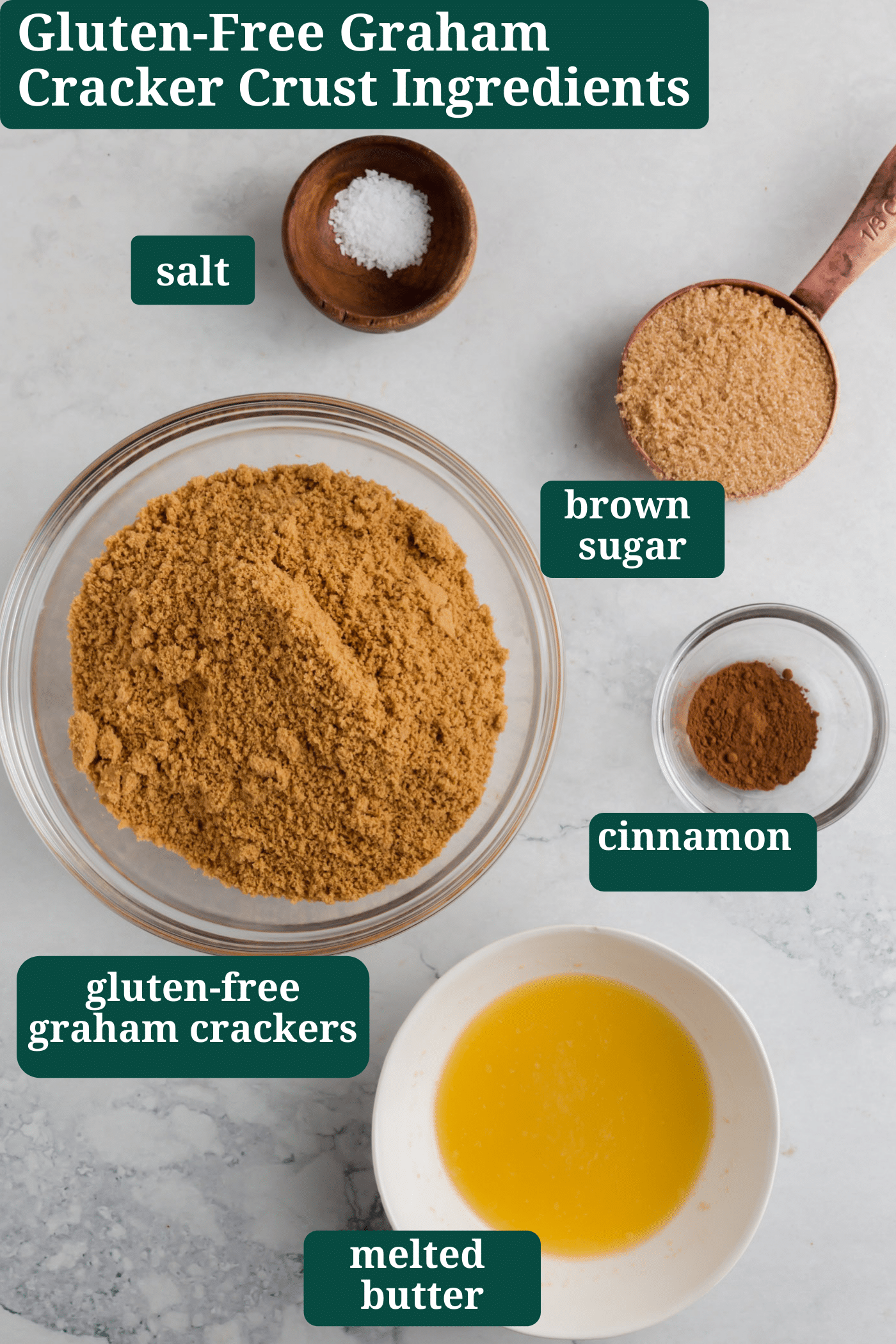 An overhead photo showing the ingredients to make gluten-free graham cracker pie crust.