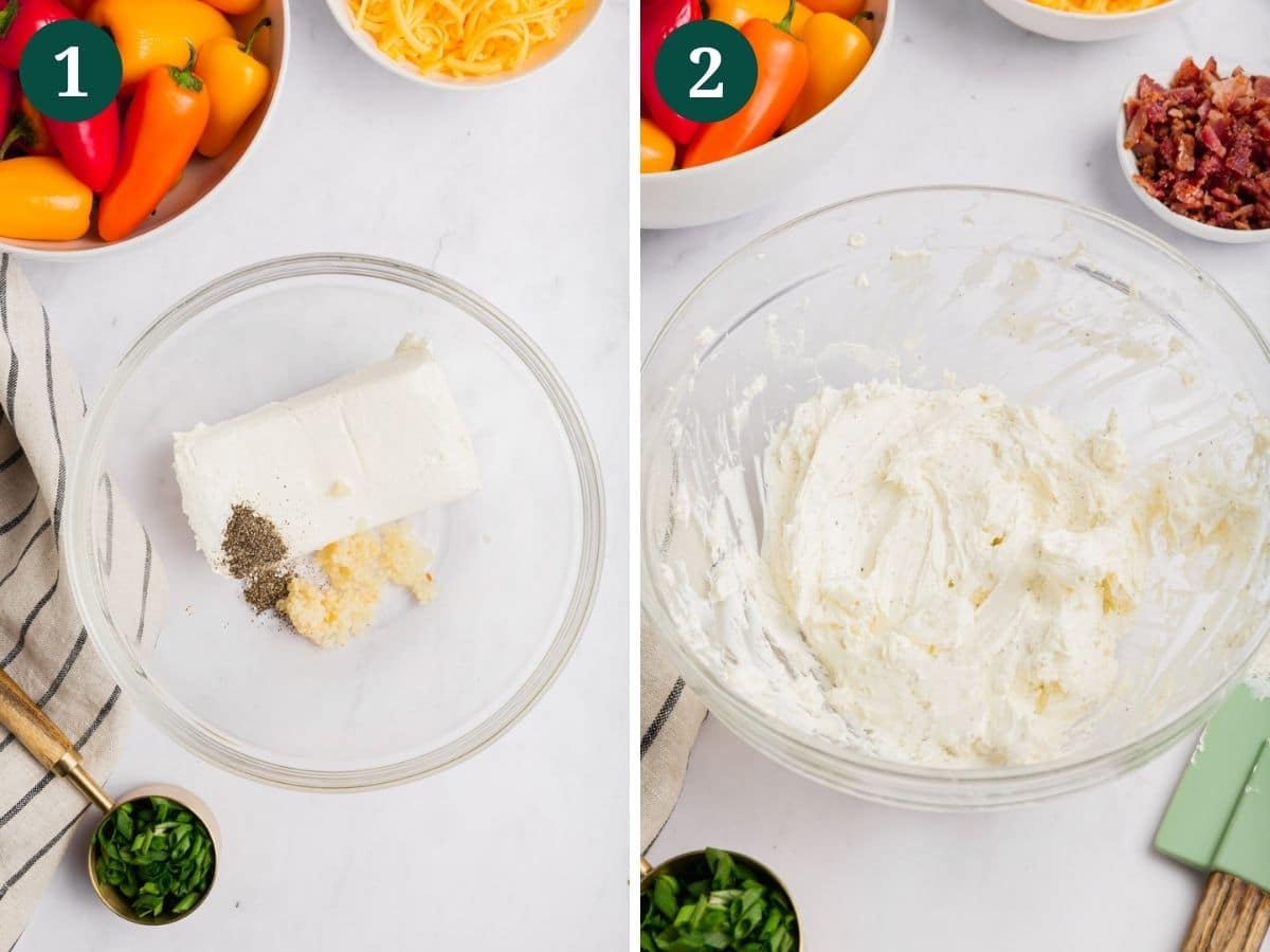 A photo collage showing cream cheese in a bowl with minced garlic and black pepper before and after mixing.