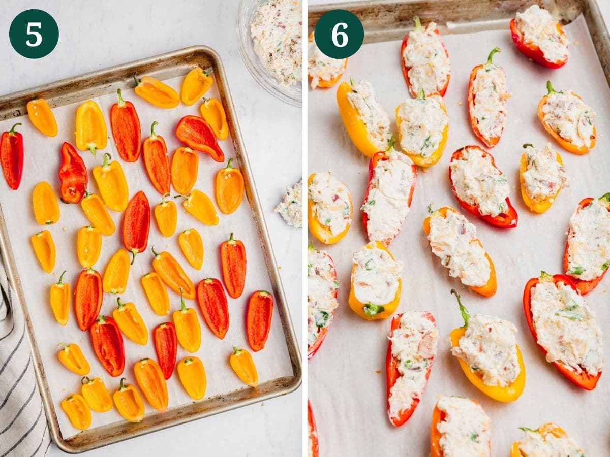 A photo collage showing red, yellow and orange mini peppers on a pan and a second photo shows the mini peppers stuffed with cream cheese.