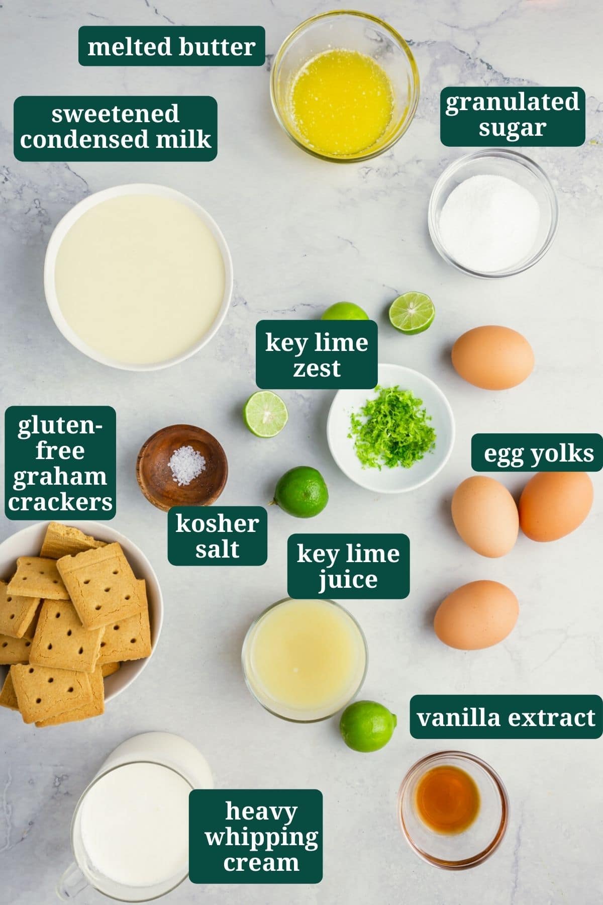 A photo showing the ingredients for making gluten-free key lime pie.