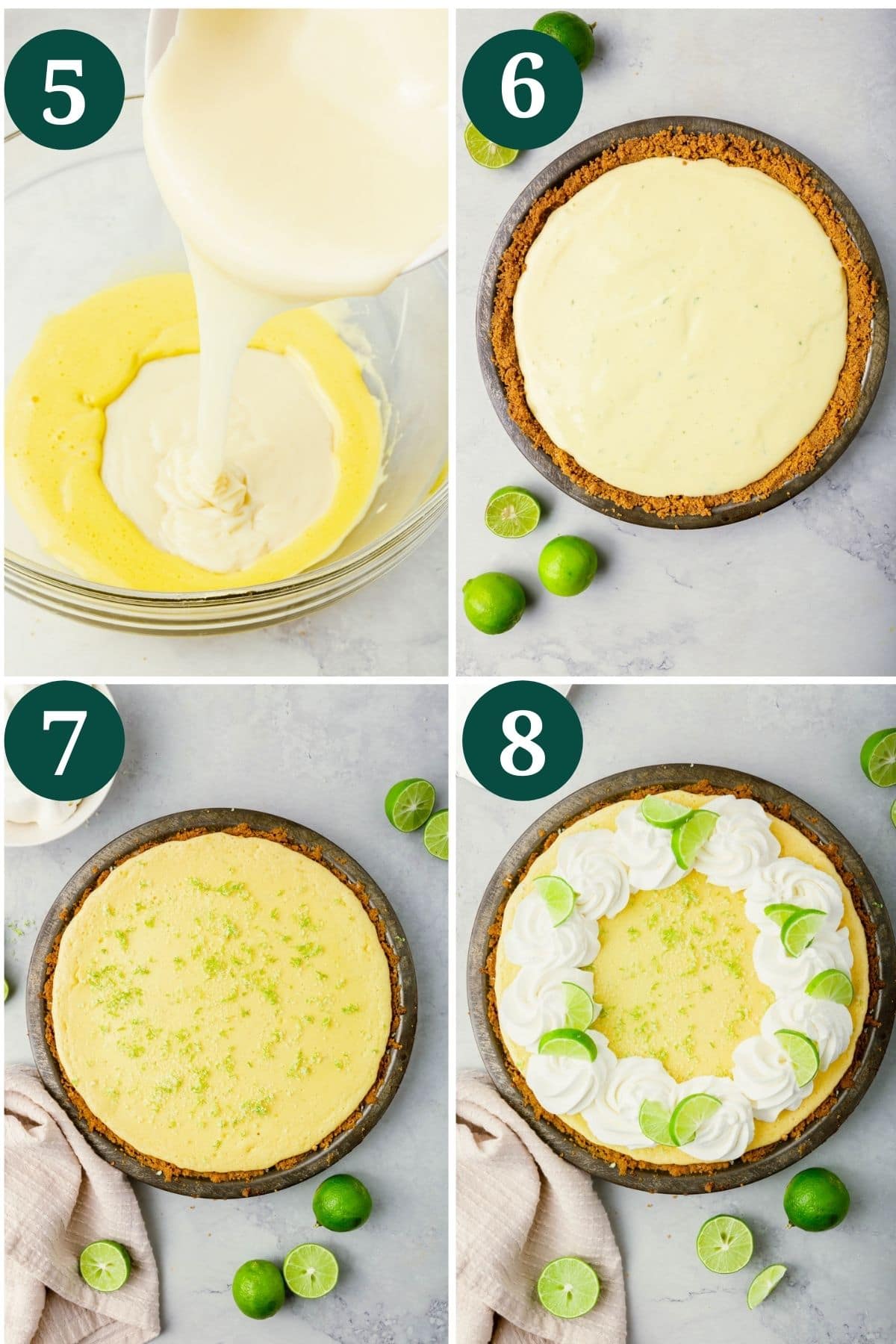 A collage showing how to make the filling for gluten-free key lime pie and top with whipped cream.