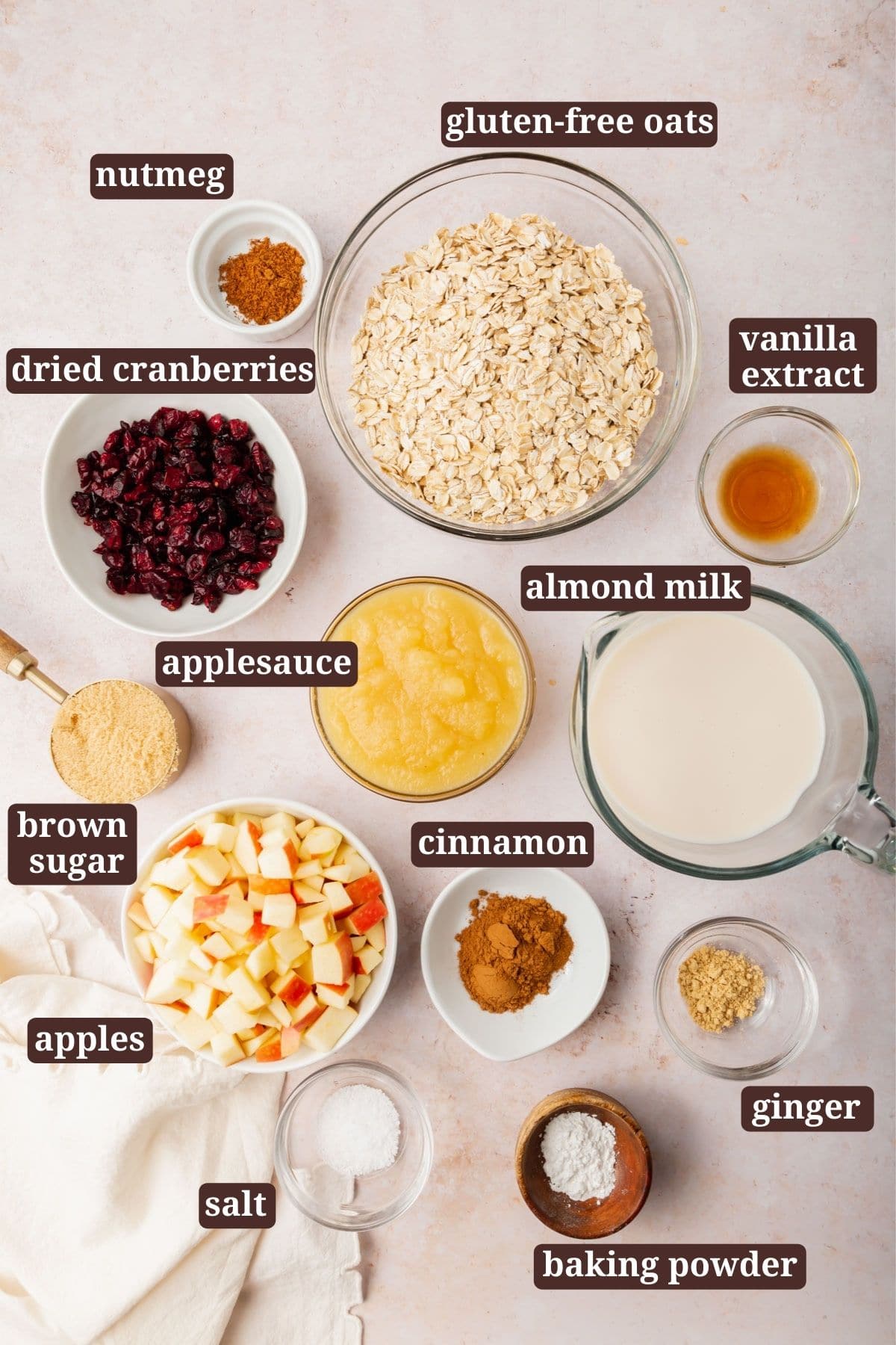 Ingredients for making gluten-free vegan apple baked oatmeal.