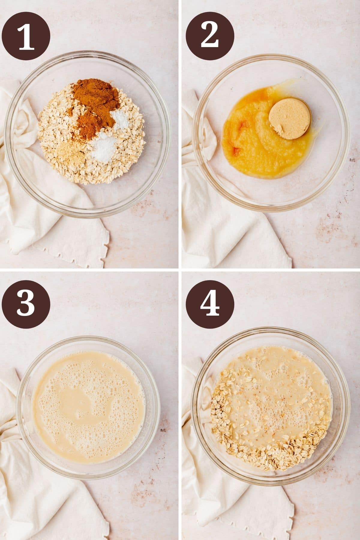 Steps 1-4 for making gluten-free vegan apple baked oatmeal.