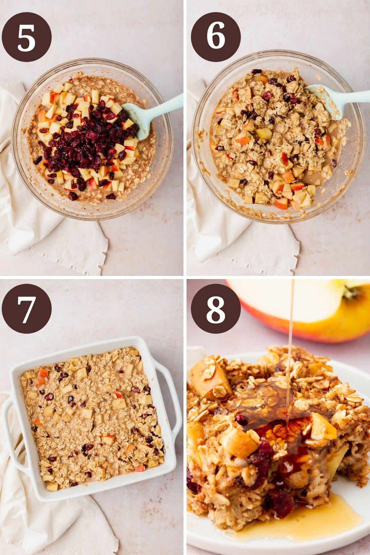 Steps 5-8 for making gluten-free vegan apple baked oatmeal.