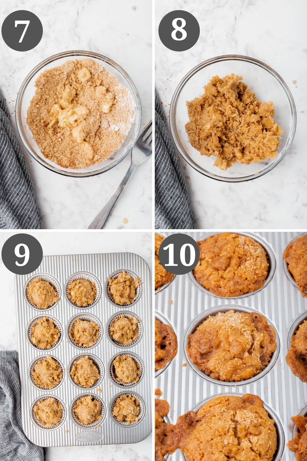 A collage showing how to make cinnamon streusel for placing on top of baked apple muffins.
