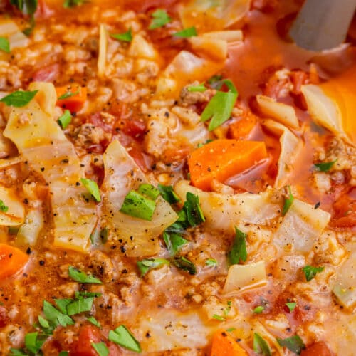 A bowl of cabbage roll soup.