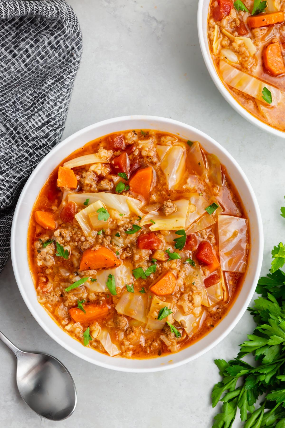 A bowl of cabbage roll soup.