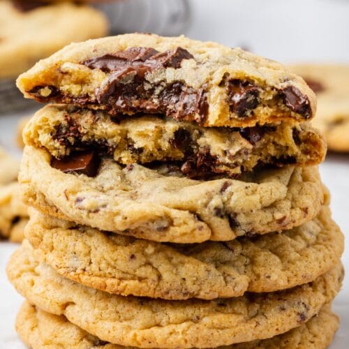 A stack of gluten-free chocolate chip cookies.