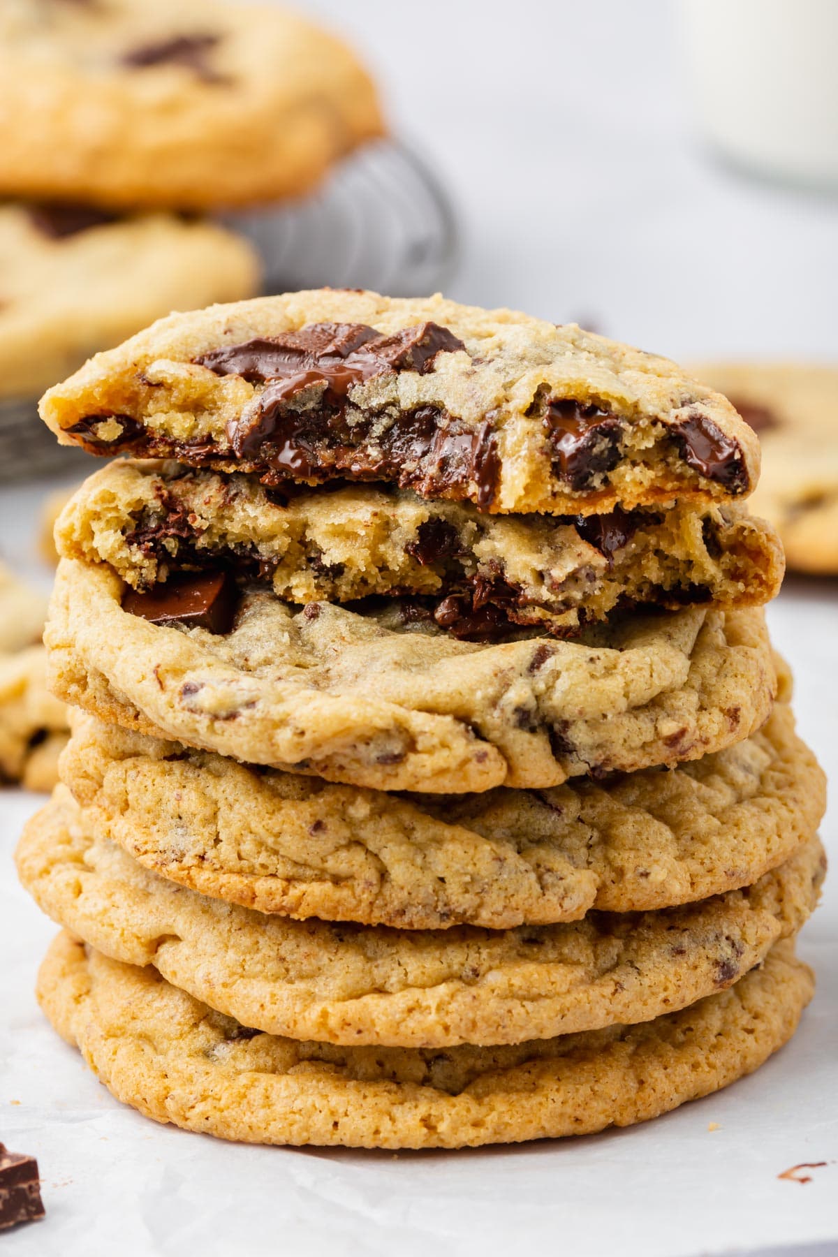 A stack of gluten-free chocolate chip cookies.