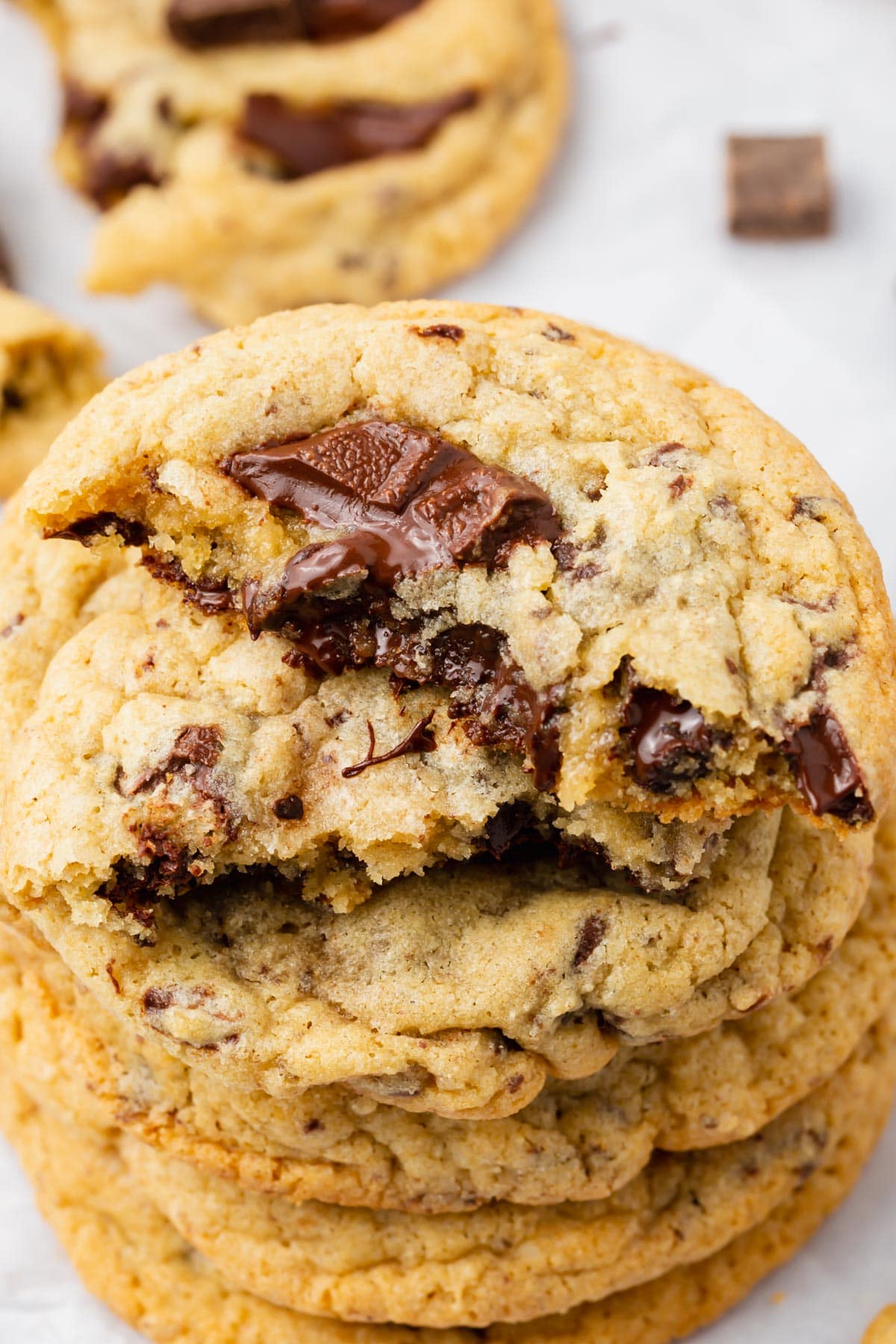 A stack of gluten-free chocolate chip cookies.