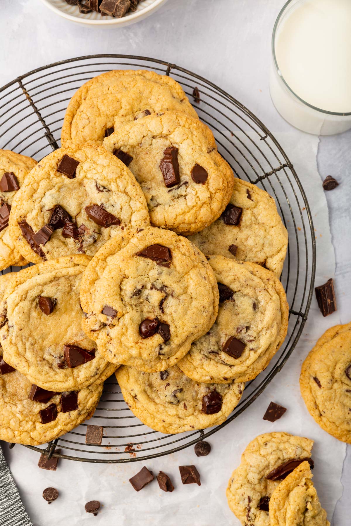 A tray of gluten-free chocolate chip cookies.