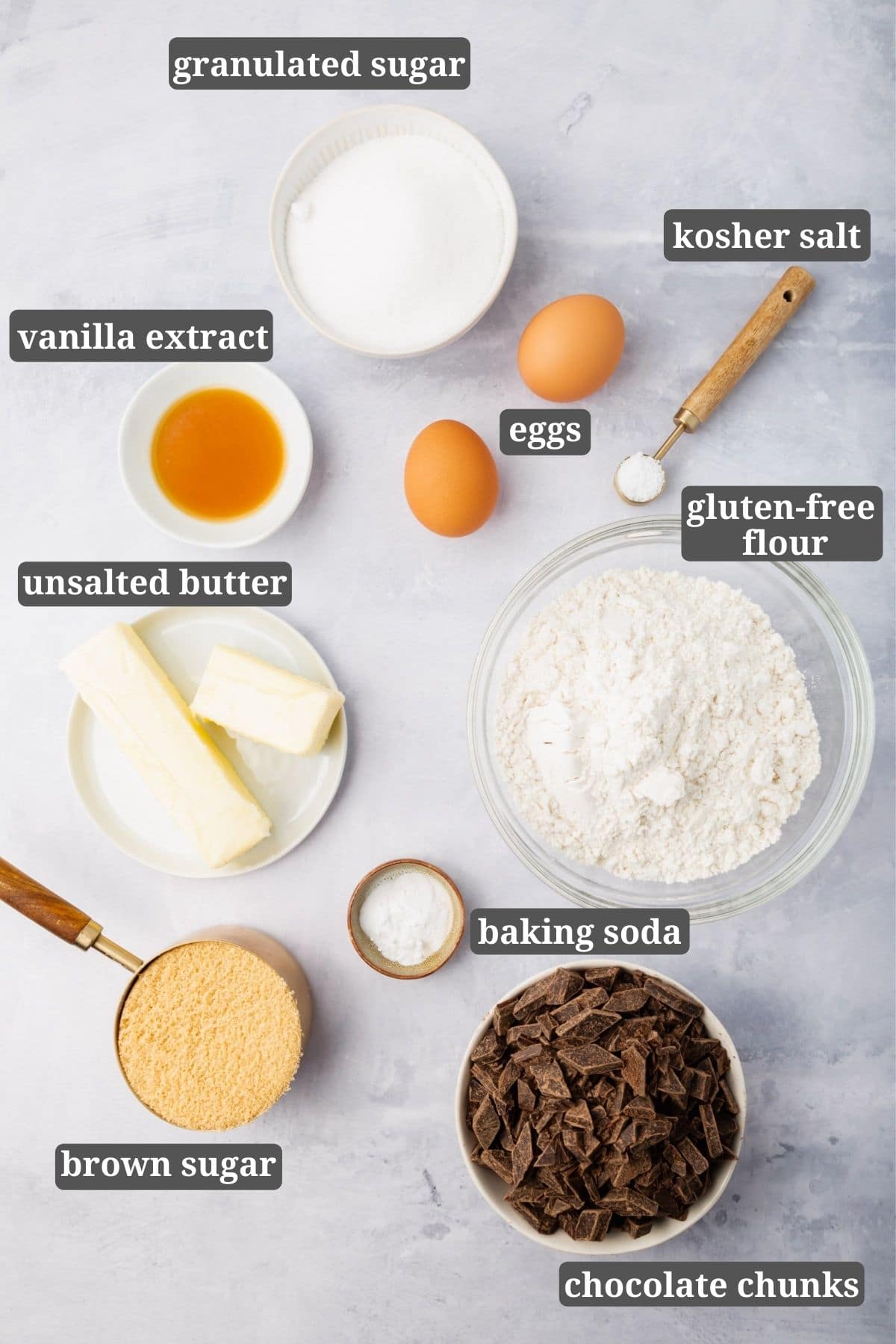 Ingredients needed for making gluten-free chocolate chip cookies.