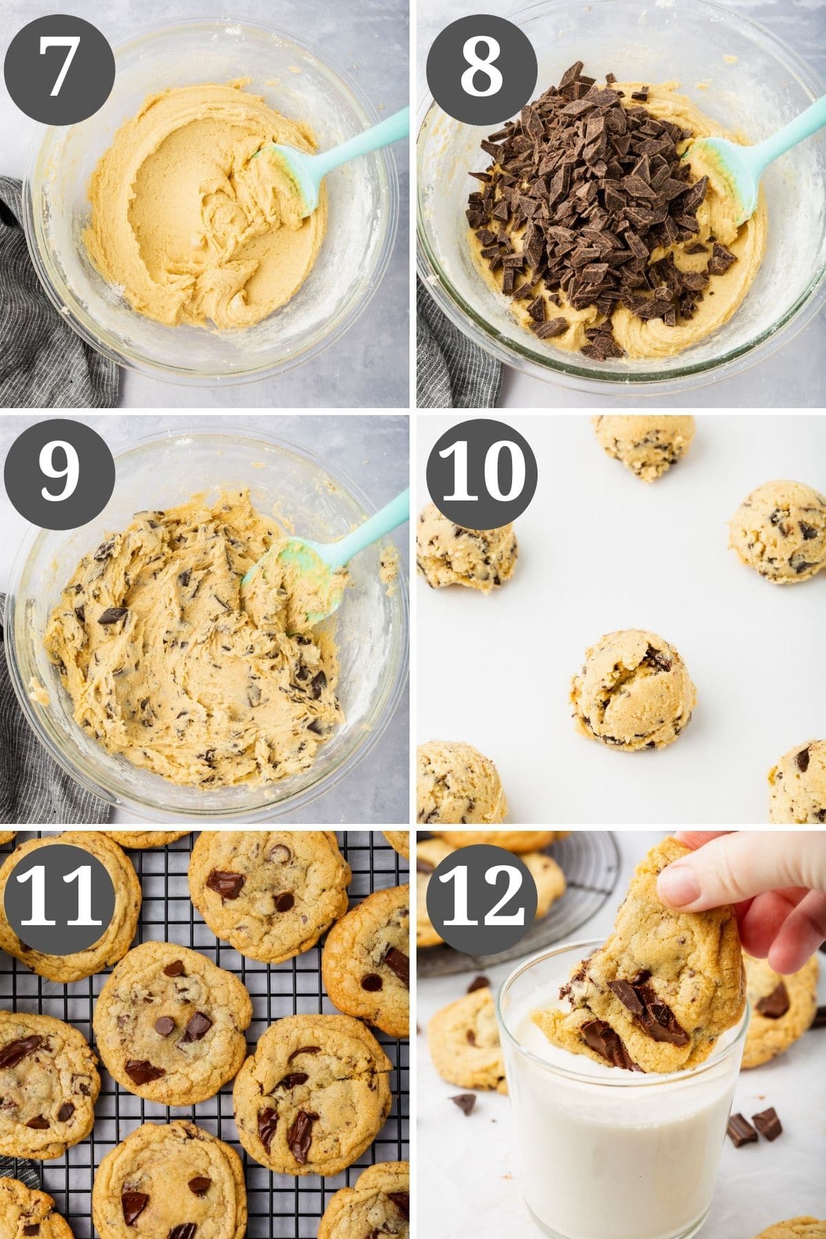 Steps 7-12 for making gluten-free chocolate chip cookies.