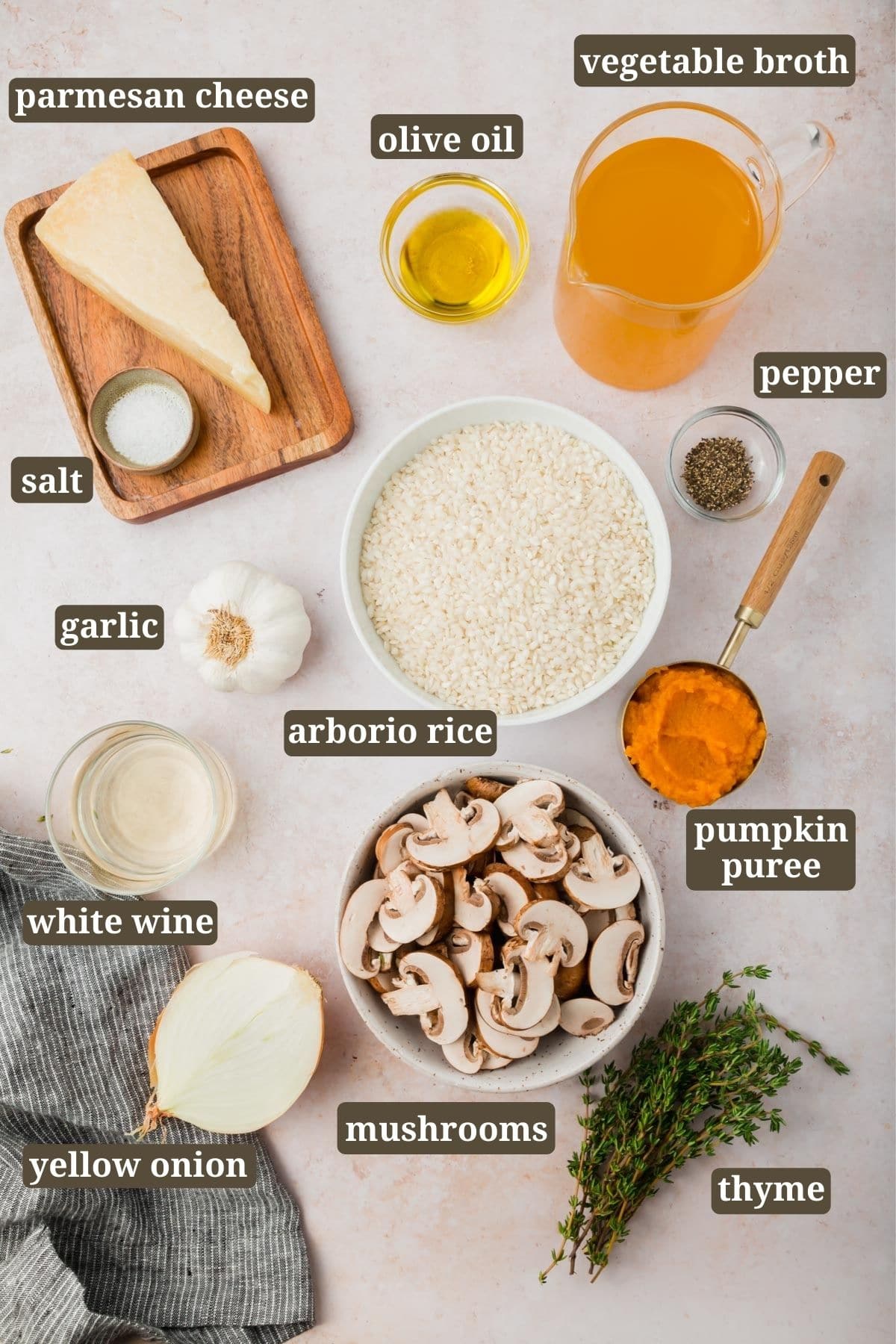 Ingredients for making instant pot pumpkin mushroom risotto.