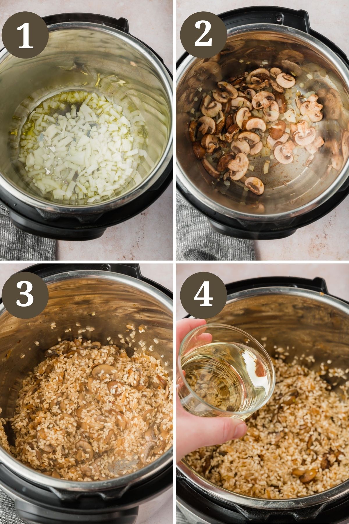 Steps 1-4 for making instant pot pumpkin mushroom risotto.