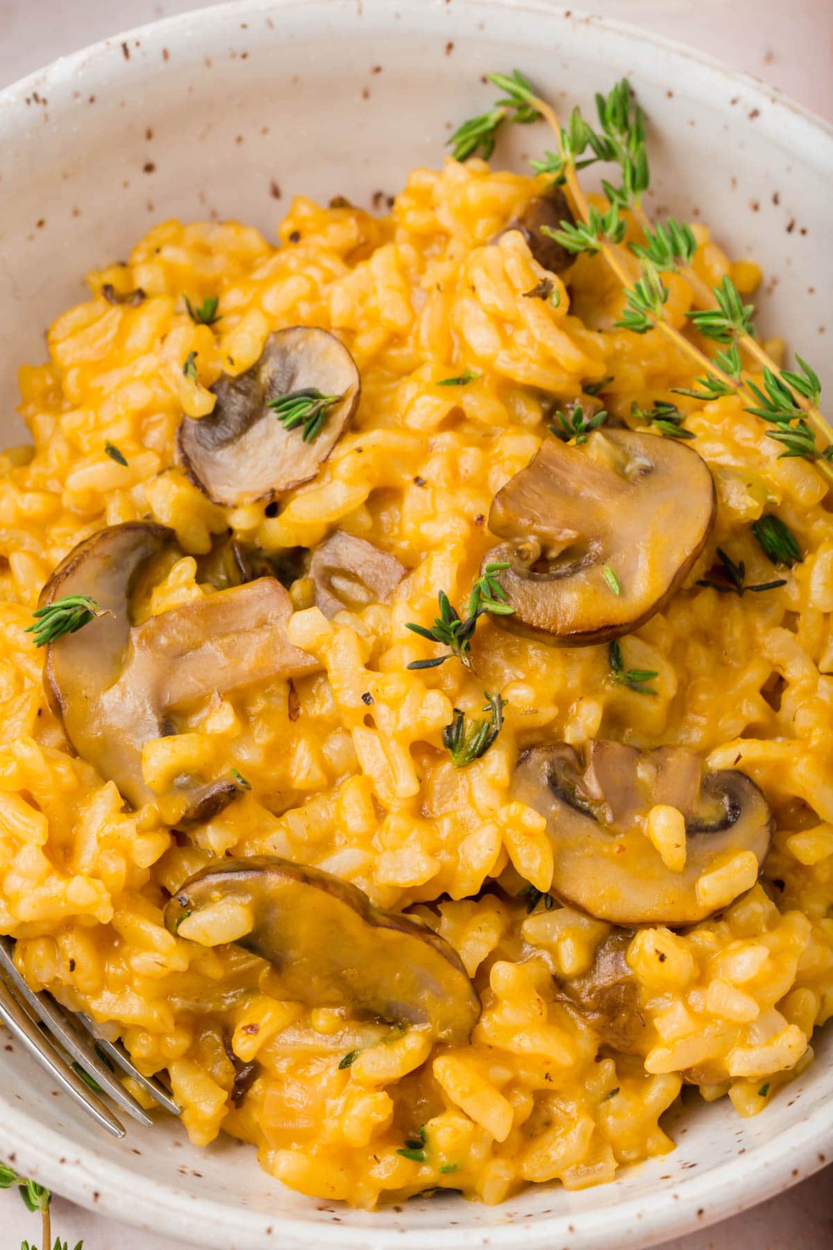 A close up of instant pot pumpkin mushroom risotto.