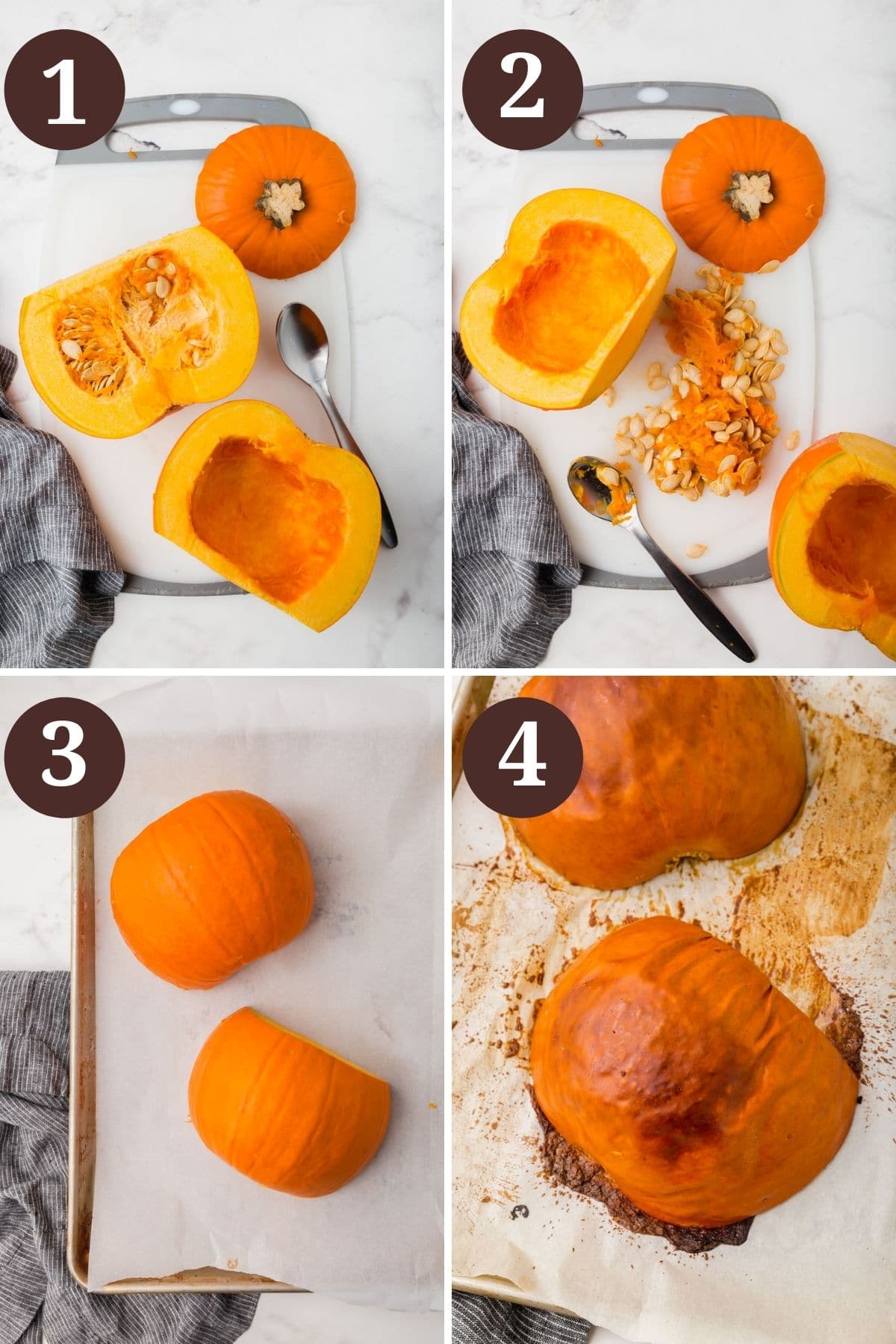Steps 1-4 for making pumpkin puree.