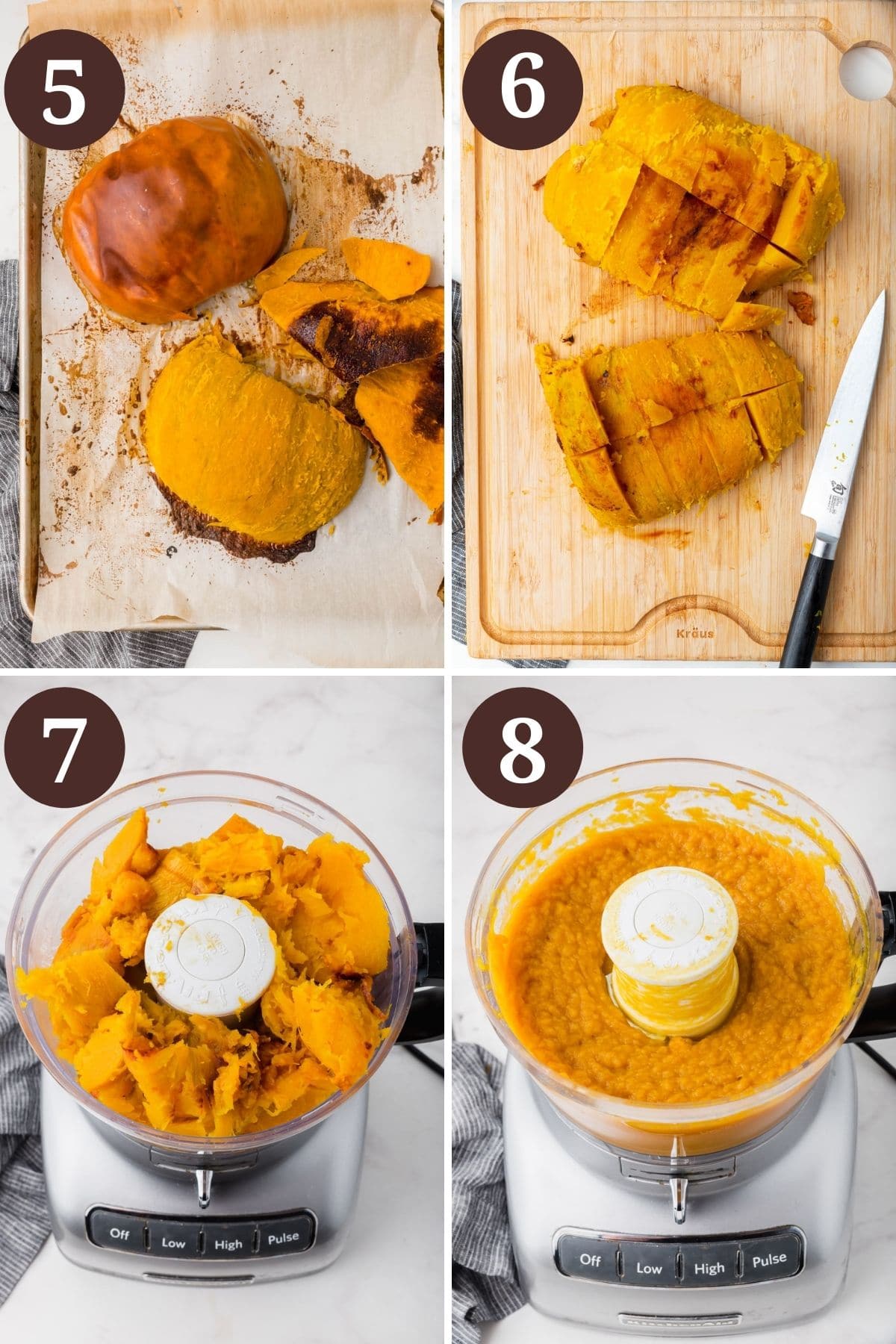 Steps 5-8 for making pumpkin puree.