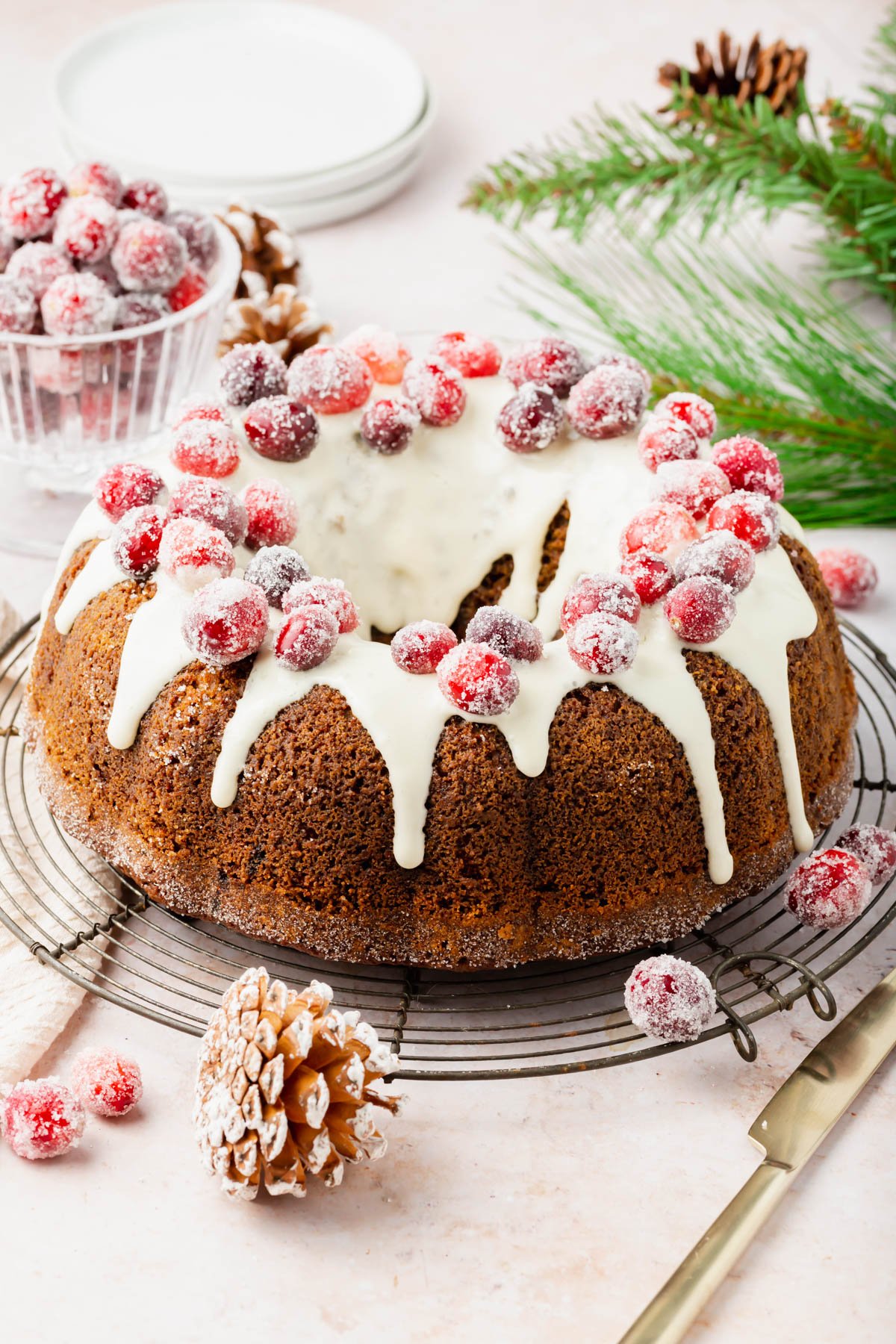 Gluten-free gingerbread bundt cake with a frosted glaze and sugared cranberries on a platter.