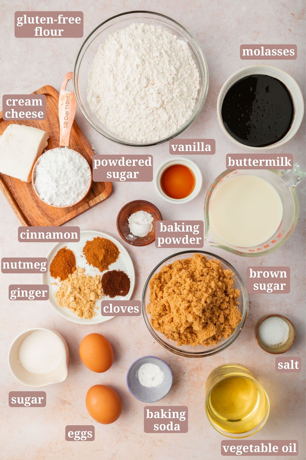Ingredients for making Gluten-Free Gingerbread Bundt Cake.